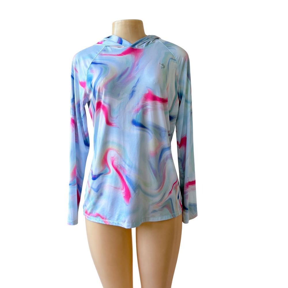 Reel Legends Womens Sun Hoodie Blue Pink Swirl Performance Fishing Top M